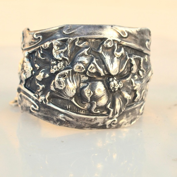 Antique Art Nouveau Sterling Cuff Bracelet Floral 925 Victorian Wide Bouquet - Picture 6 of 7
